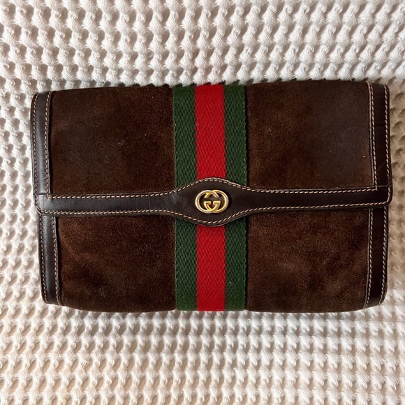 Vintage Gucci Brown Clutch Bag with Green and Red Stripe - Picture 2 of 10